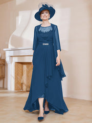 Robe en Mousseline à Col Illusion avec Veste Bleu Encre Grande Taille