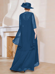 Robe en Mousseline à Col Illusion avec Veste Bleu Encre Grande Taille