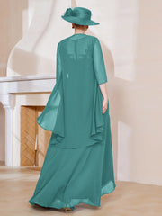 Robe en Mousseline à Col Illusion avec Veste Jade