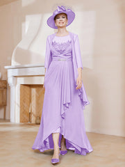 Robe en Mousseline à Col Illusion avec Veste Lilas
