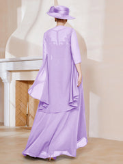 Robe en Mousseline à Col Illusion avec Veste Lilas