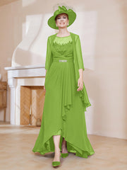Robe en Mousseline à Col Illusion avec Veste Vert Citron