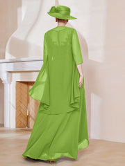 Robe en Mousseline à Col Illusion avec Veste Vert Citron Grande Taille