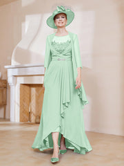 Robe en Mousseline à Col Illusion avec Veste Vert Menthe Grande Taille