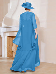 Robe en Mousseline à Col Illusion avec Veste Bleu Océan