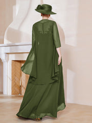 Robe en Mousseline à Col Illusion avec Veste Olive Verte Grande Taille