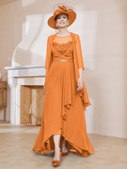 Robe en Mousseline à Col Illusion avec Veste Orange Grande Taille