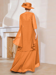Robe en Mousseline à Col Illusion avec Veste Orange Grande Taille