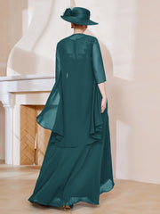 Robe en Mousseline à Col Illusion avec Veste Paon Grande Taille