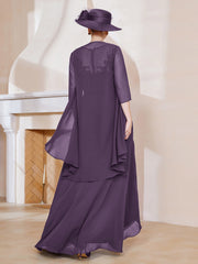 Robe en Mousseline à Col Illusion avec Veste Plum