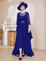 Robe en Mousseline à Col Illusion avec Veste Bleu Royale Grande Taille
