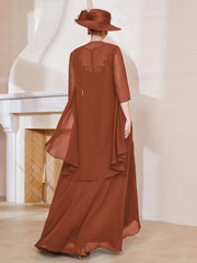 Robe en Mousseline à Col Illusion avec Veste Rouille