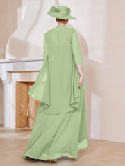 Robe en Mousseline à Col Illusion avec Veste Sauge