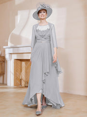 Robe en Mousseline à Col Illusion avec Veste Argent Grande Taille
