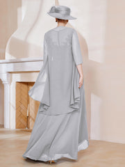 Robe en Mousseline à Col Illusion avec Veste Argent Grande Taille