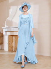 Robe en Mousseline à Col Illusion avec Veste Bleu Ciel
