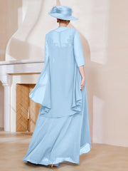Robe en Mousseline à Col Illusion avec Veste Bleu Ciel