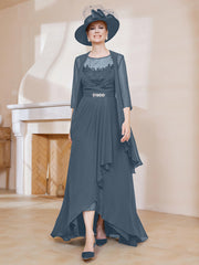 Robe en Mousseline à Col Illusion avec Veste Bleu de Schiste Grande Taille