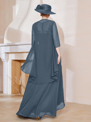 Robe en Mousseline à Col Illusion avec Veste Bleu de Schiste Grande Taille