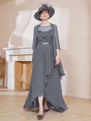 Robe en Mousseline à Col Illusion avec Veste Gris Acier