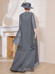 Robe en Mousseline à Col Illusion avec Veste Gris Acier
