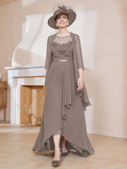 Robe en Mousseline à Col Illusion avec Veste Taupe