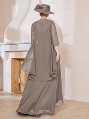 Robe en Mousseline à Col Illusion avec Veste Taupe Grande Taille