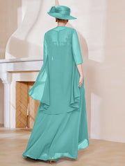 Robe en Mousseline à Col Illusion avec Veste Turquoise