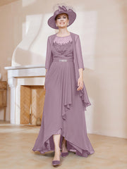 Robe en Mousseline à Col Illusion avec Veste Vintage Mauve Grande Taille