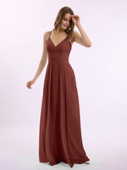 Spaghetti Bretelle Col En V Mousseline Tenues Avec Poche terracotta Grande Taille