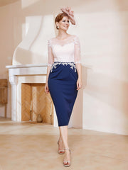 Robe Fourreau à Col Illusion Longueur de Mollet Bleu Marine