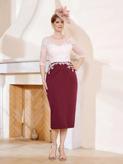 Robe Fourreau à Col Illusion Longueur de Mollet Bordeaux Grande Taille