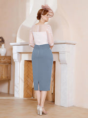 Robe Fourreau à Col Illusion Longueur de Mollet Bleu Poudré Grande Taille