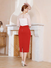 Robe Fourreau à Col Illusion Longueur de Mollet Rouge Grande Taille