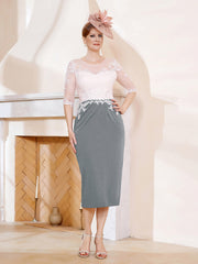 Robe Fourreau à Col Illusion Longueur de Mollet Gris Acier Grande Taille