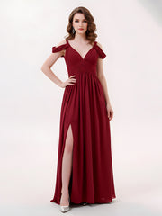 Profond Col en V Sexy Mousseline Robe avec Fente Bordeaux
