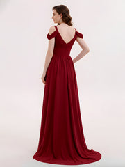 Profond Col en V Sexy Mousseline Robe avec Fente Bordeaux