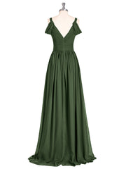 Profond Col en V Sexy Mousseline Robe avec Fente Olive Verte