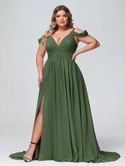 Profond Col en V Sexy Mousseline Robe avec Fente Olive Verte Grande Taille