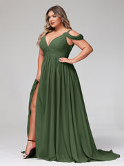 Profond Col en V Sexy Mousseline Robe avec Fente Olive Verte Grande Taille