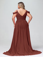 Profond Col en V Sexy Mousseline Robe avec Fente terracotta Grande Taille