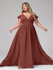 Profond Col en V Sexy Mousseline Robe avec Fente terracotta Grande Taille