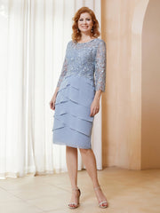 Robe Fourreau en Mousseline et Dentelle à Manches Longues avec Longueur de Mollet Bleu Poudré