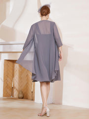 Robe de A-ligne en Mousseline à Encolure Carrée Longueur aux Genoux avec Veste Gris Acier