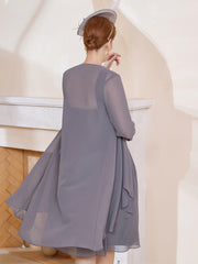 Robe de A-ligne en Mousseline à Encolure Carrée Longueur aux Genoux avec Veste Gris Acier Grande Taille