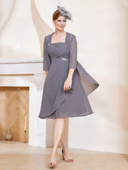 Robe de A-ligne en Mousseline à Encolure Carrée Longueur aux Genoux avec Veste Gris Acier Grande Taille