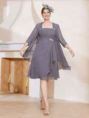 Robe de A-ligne en Mousseline à Encolure Carrée Longueur aux Genoux avec Veste Gris Acier