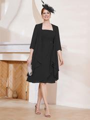 Robe de A-ligne en Mousseline à Encolure Carrée Longueur aux Genoux avec Veste Noir Grande Taille