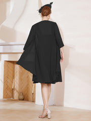Robe de A-ligne en Mousseline à Encolure Carrée Longueur aux Genoux avec Veste Noir