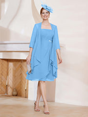 Robe de A-ligne en Mousseline à Encolure Carrée Longueur aux Genoux avec Veste Bleu Grande Taille